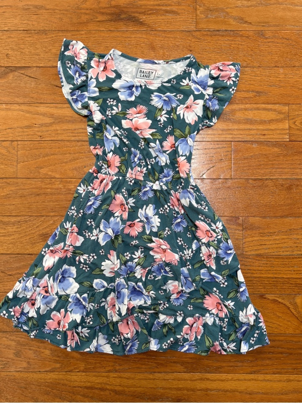 Bailey Lane Girls Floral Dress Size 6–7 Green Flutter Sleeve Ruffle Hem